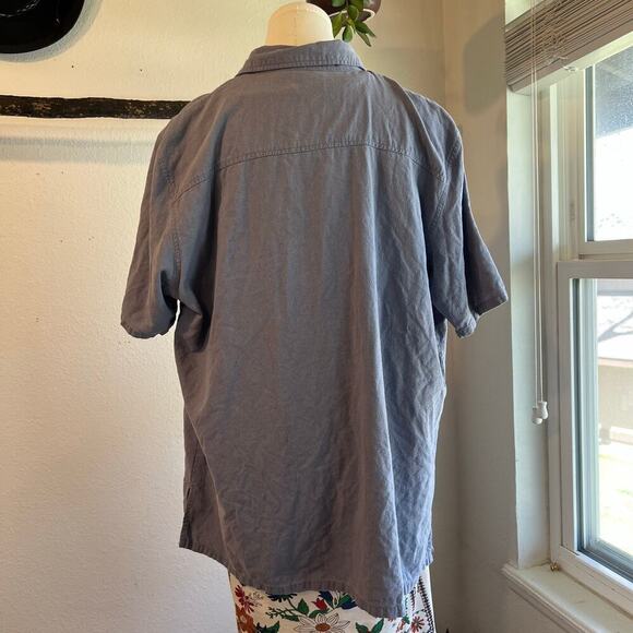 Vintage 90s Blue Textured Silk Button Front Short Sleeve Oversized Shirt Size XL - Picture 4 of 9